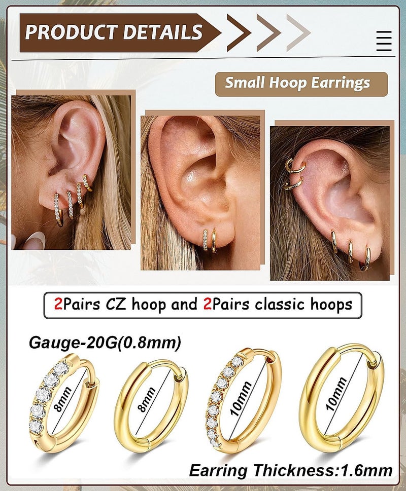 AMASIS Hypoallergenic Surgical Steel Earrings Sets for Sensitive Ears Lightweight Small Huggie Hoop Earrings 20G Stainless Steel Opal Ball Pearl CZ Flat Back Earrings for Women Men Trendy Cartilage Earrings Hoop Stud - Image 2